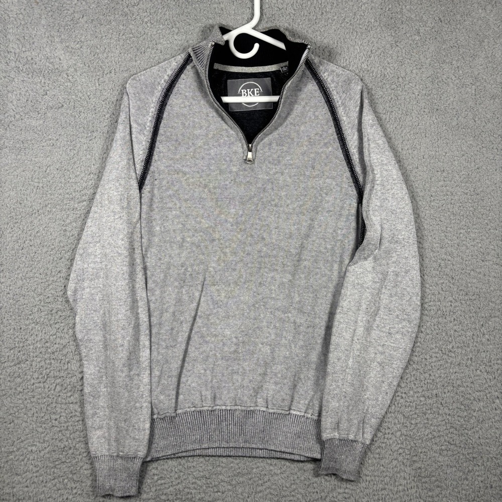 BKE Quarter Zip Sweater Men Large Gray Standard Fit Cotton Mock Neck Ribbed Trim